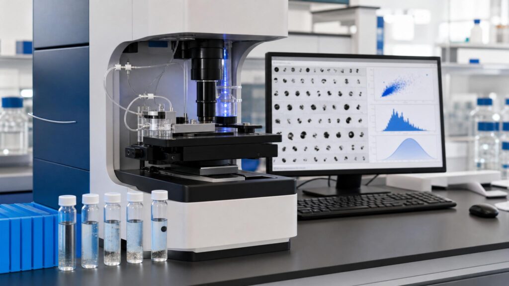 Flow imaging particle analysis instrument with sample vials and particle images