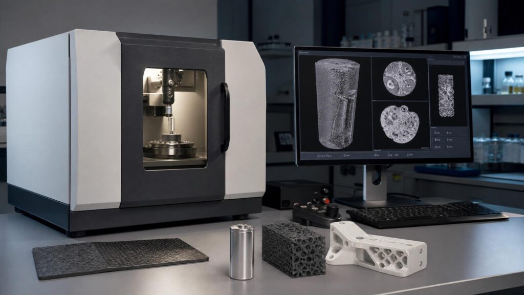 Micro-CT scanner with materials samples and 3D scan results in a research lab