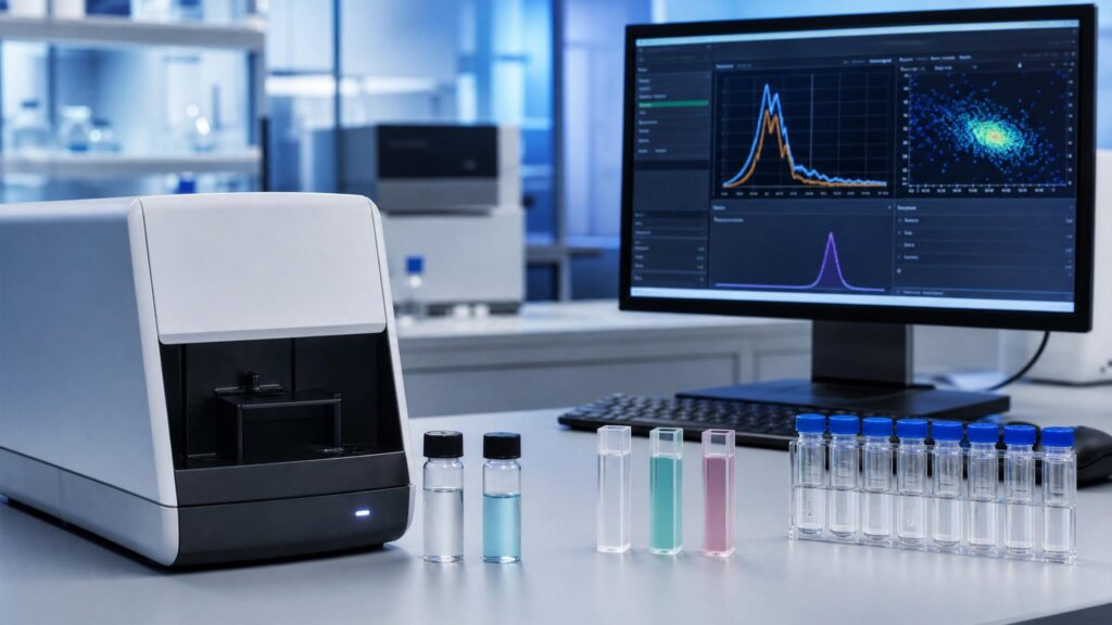 Nanoparticle characterization instrument with sample vials and particle distribution analysis